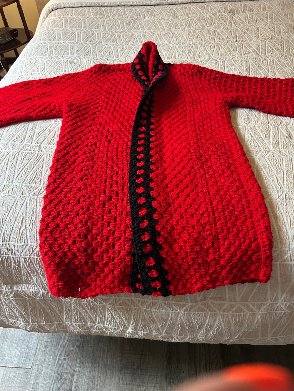 Red Crochet Open-Front Sweater Cardigan with Black Trim